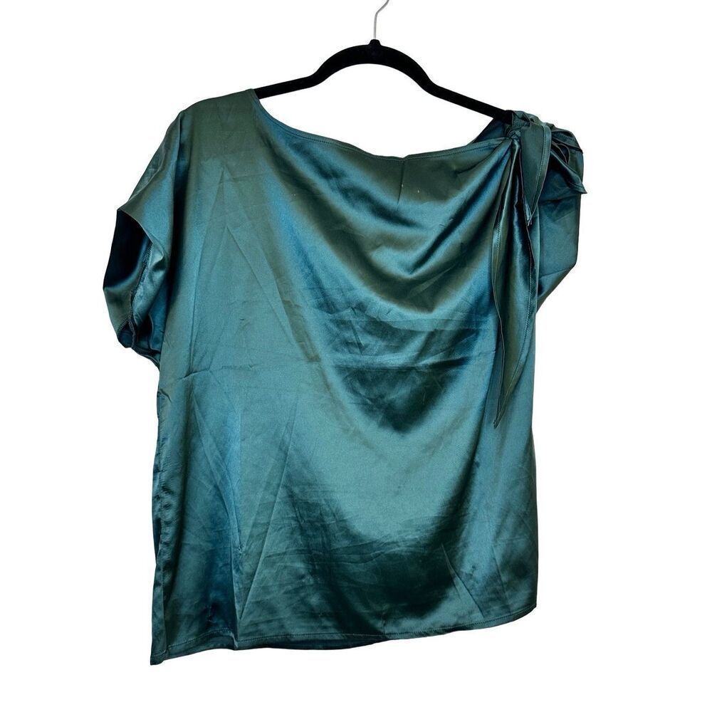 Shein Tie Shoulder Asymmetrical Neck Satin Stretch Blouse Top Green Large